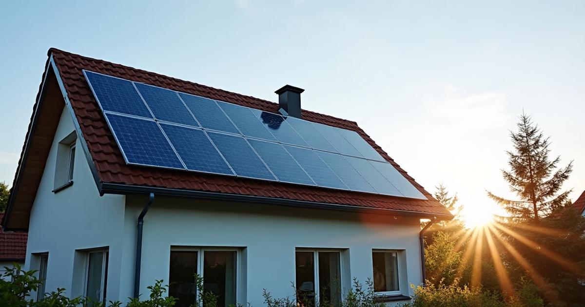 Solarmodule auf einem Hausdach im Abendlicht