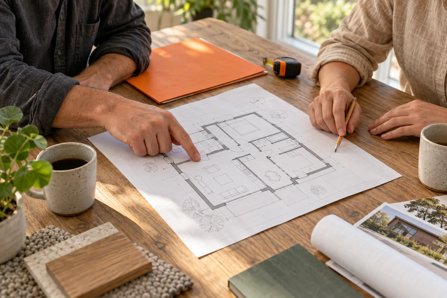 Illustrative Planungsszene: Hände besprechen den Grundriss eines Hauses