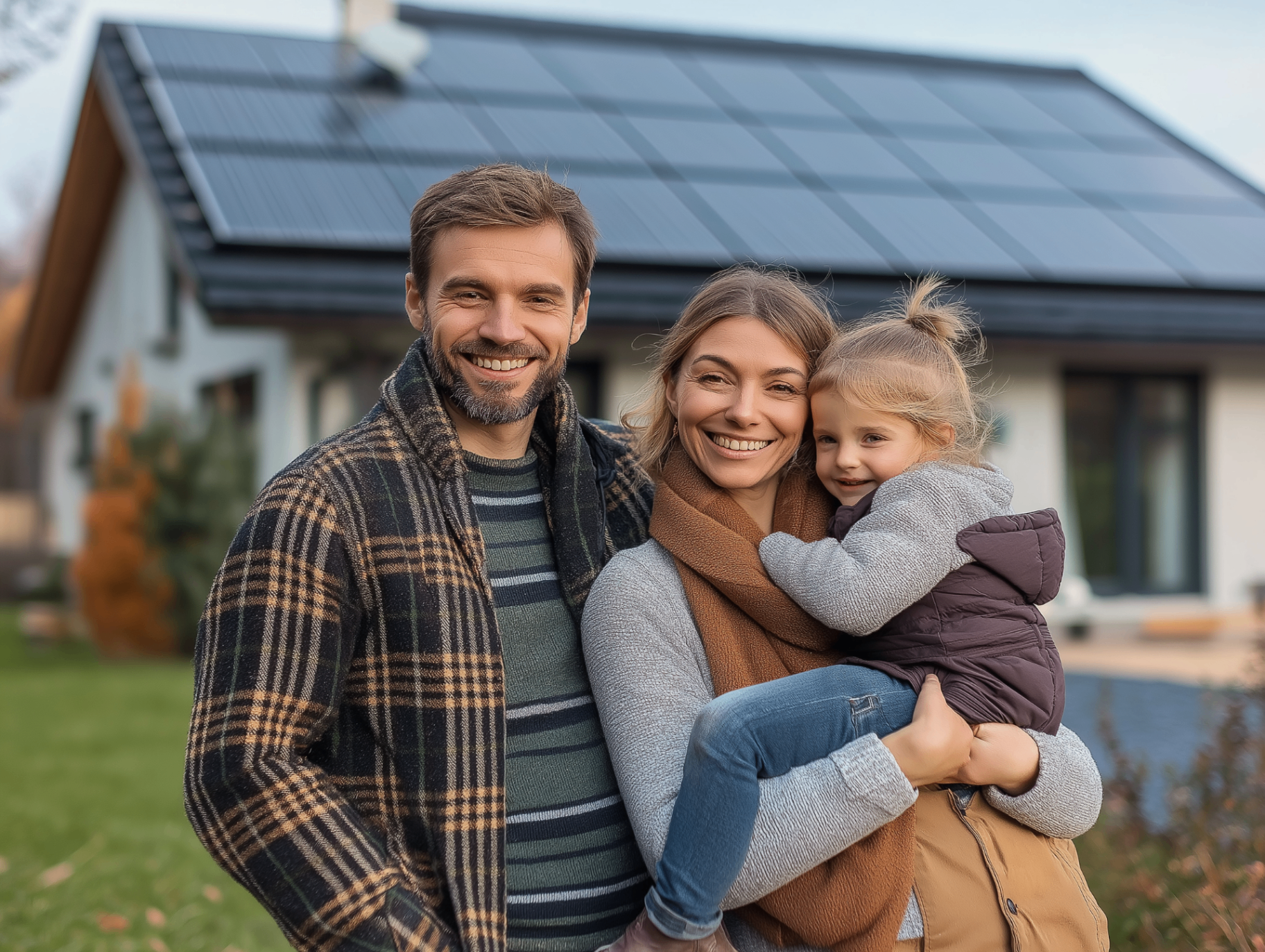 Familie vor einem Haus mit Solaranlage