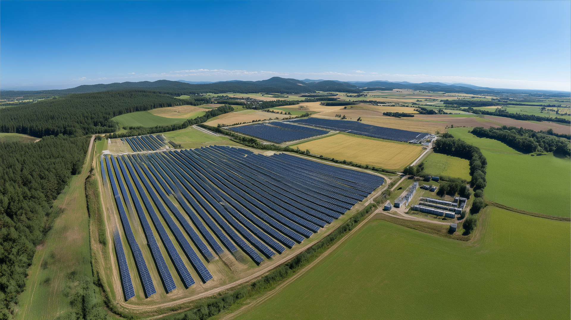 Freiflächenanlage mit Solarmodulen in ländlicher Umgebung