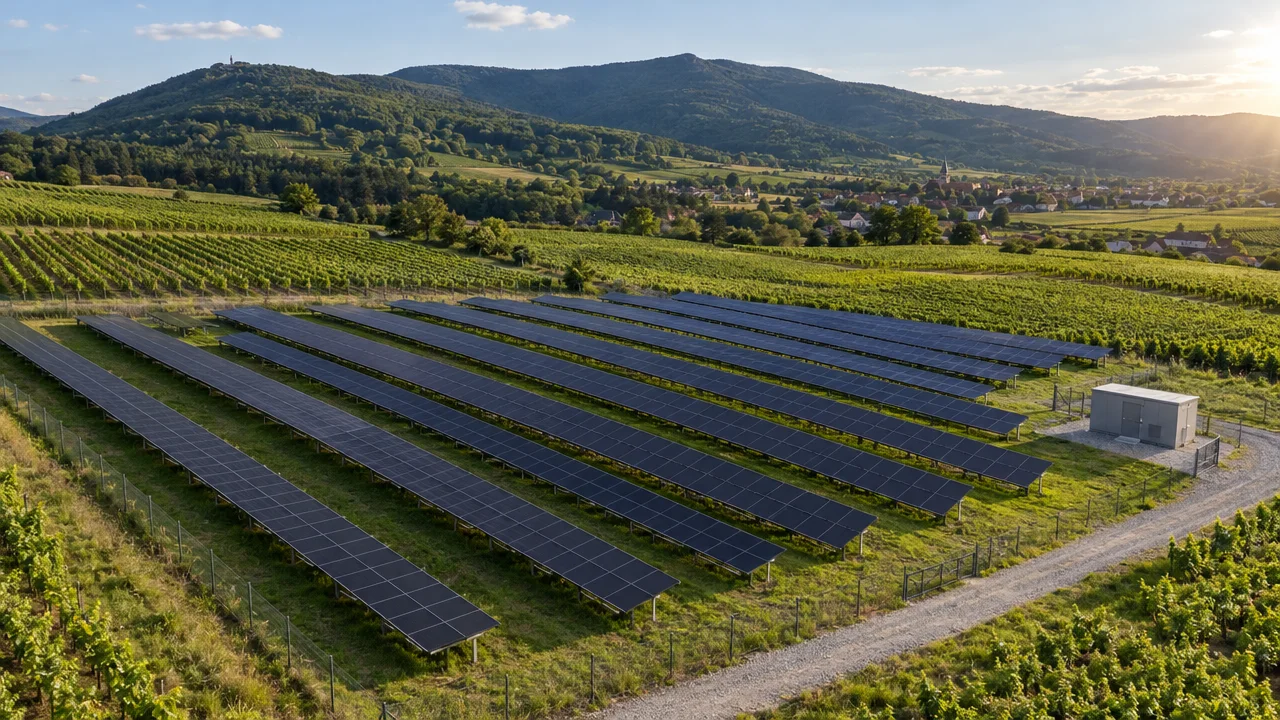 Freiflächen-Solarpark zwischen Weinbergen in der Pfalz