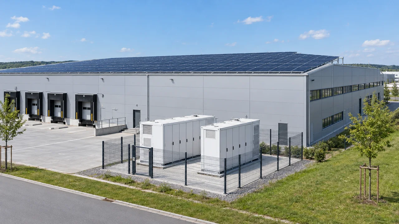 Großspeicher vor einer Gewerbehalle mit Photovoltaik auf dem Dach