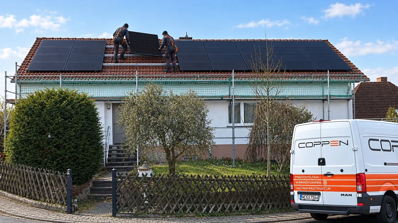 Zwei Monteure setzen ein Solarmodul auf ein Ziegeldach, davor der COPPEN-Transporter